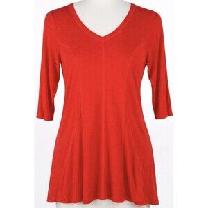 Soft Surroundings Red V-Neck Tunic Top XS 3/4 Sleeve Stretch Knit Princess Seams
